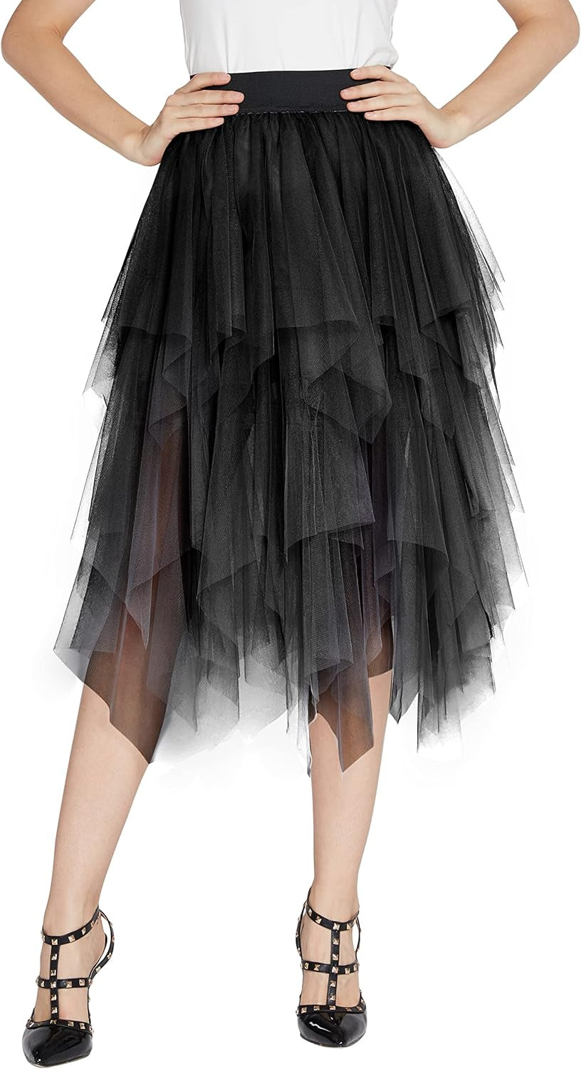 Women's A-Line Tulle Midi Skirt with Elastic Waist and Layered Mesh Design
