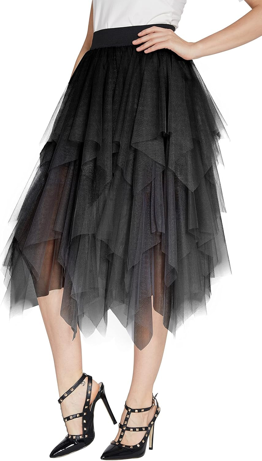 Women's A-Line Tulle Midi Skirt with Elastic Waist and Layered Mesh Design