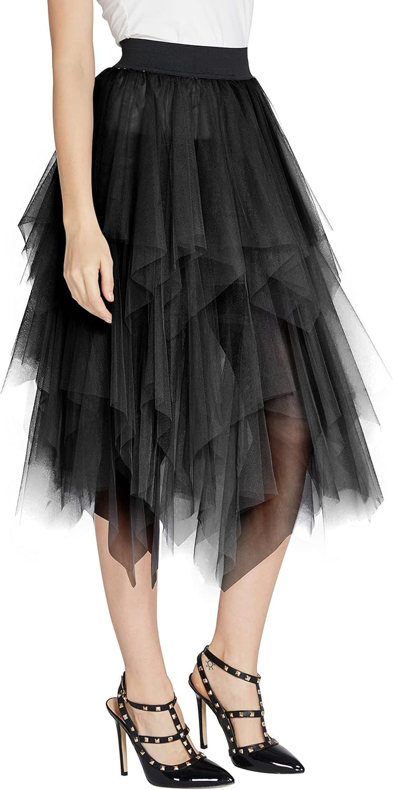 Women's A-Line Tulle Midi Skirt with Elastic Waist and Layered Mesh Design