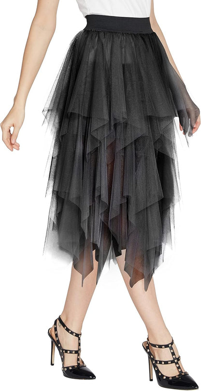 Women's A-Line Tulle Midi Skirt with Elastic Waist and Layered Mesh Design