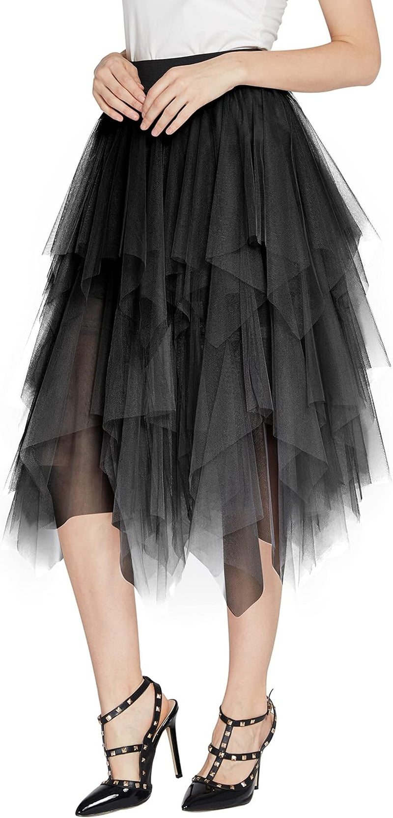 Women's A-Line Tulle Midi Skirt with Elastic Waist and Layered Mesh Design